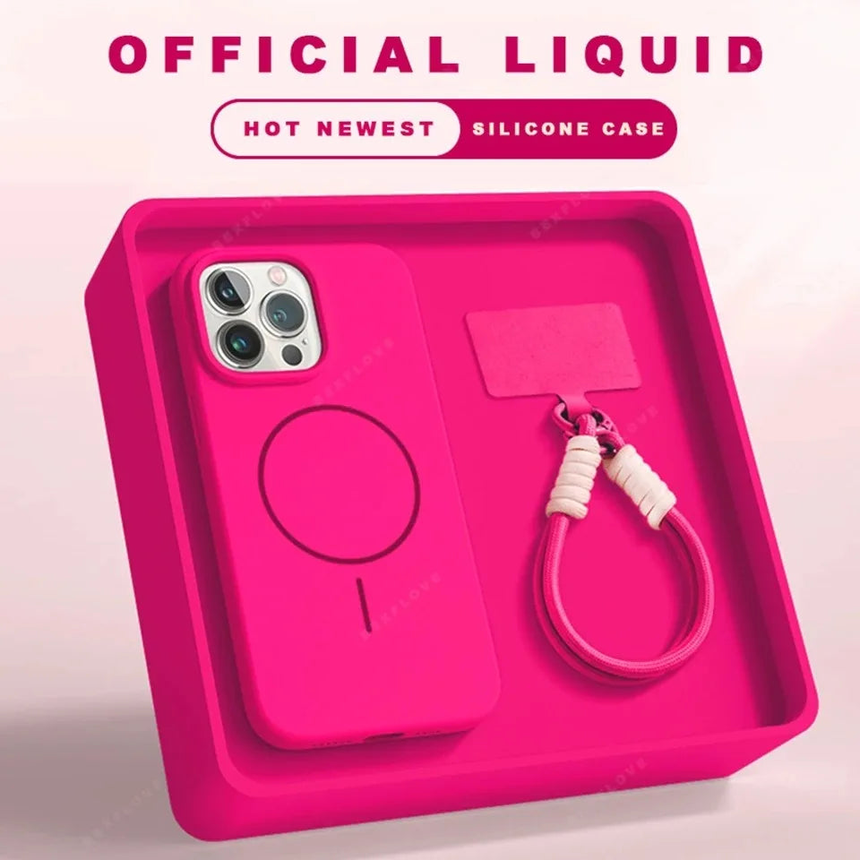 Fashion Liquid Silicone Magsafe Magnetic Phone Case for iPhone 16 15 14 Plus 13 12 11 Pro Max Wrist Strap Lanyard Cover Cases