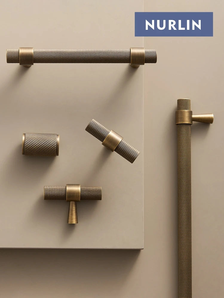 Nurlin Solid Brass Knurled Art Deco Retro Antique industrial style Cabinet Wardrobe Drawer Handle T-bar Pull