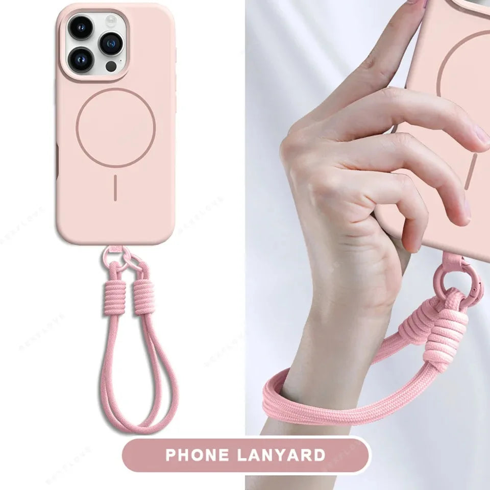 Fashion Liquid Silicone Magsafe Magnetic Phone Case for iPhone 16 15 14 Plus 13 12 11 Pro Max Wrist Strap Lanyard Cover Cases