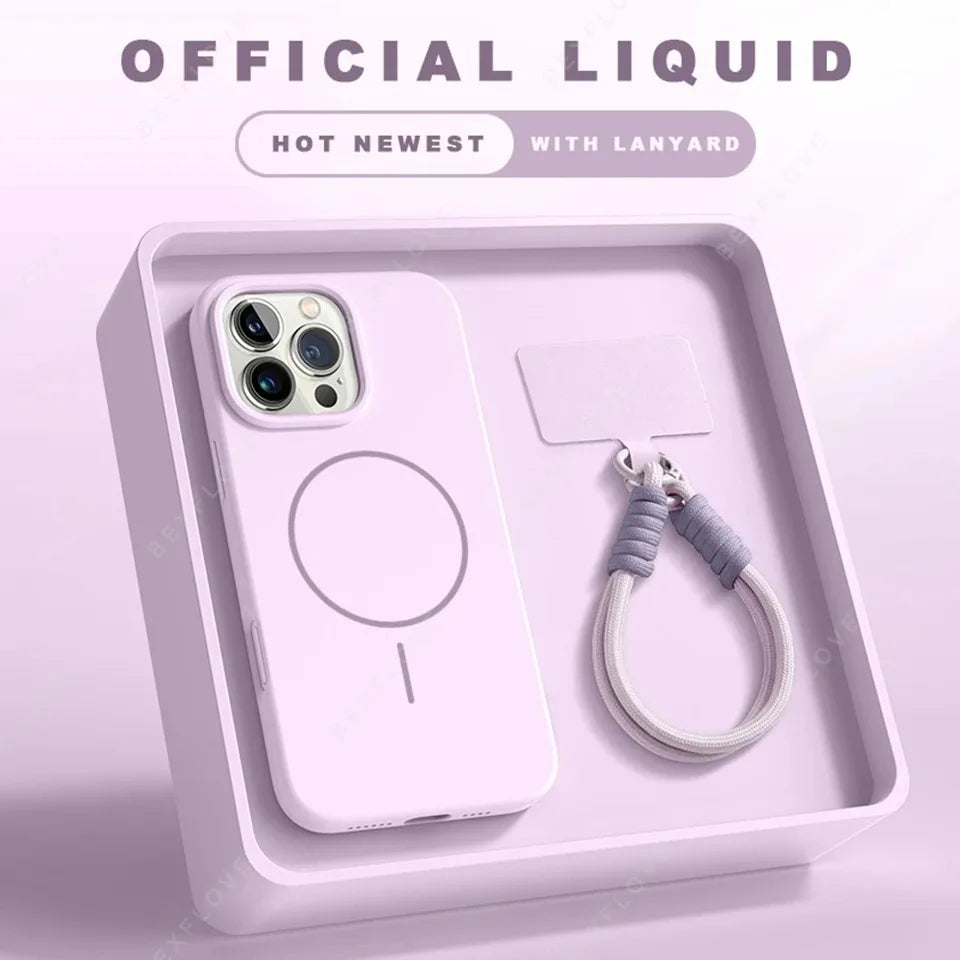Fashion Liquid Silicone Magsafe Magnetic Phone Case for iPhone 16 15 14 Plus 13 12 11 Pro Max Wrist Strap Lanyard Cover Cases