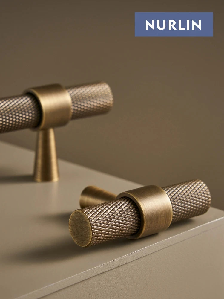 Nurlin Solid Brass Knurled Art Deco Retro Antique industrial style Cabinet Wardrobe Drawer Handle T-bar Pull