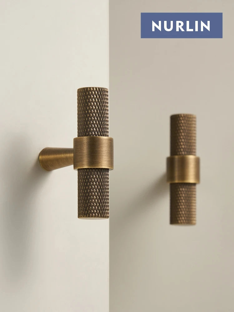 Nurlin Solid Brass Knurled Art Deco Retro Antique industrial style Cabinet Wardrobe Drawer Handle T-bar Pull