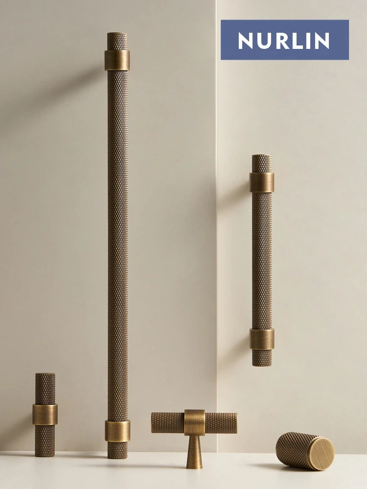 Nurlin Solid Brass Knurled Art Deco Retro Antique industrial style Cabinet Wardrobe Drawer Handle T-bar Pull