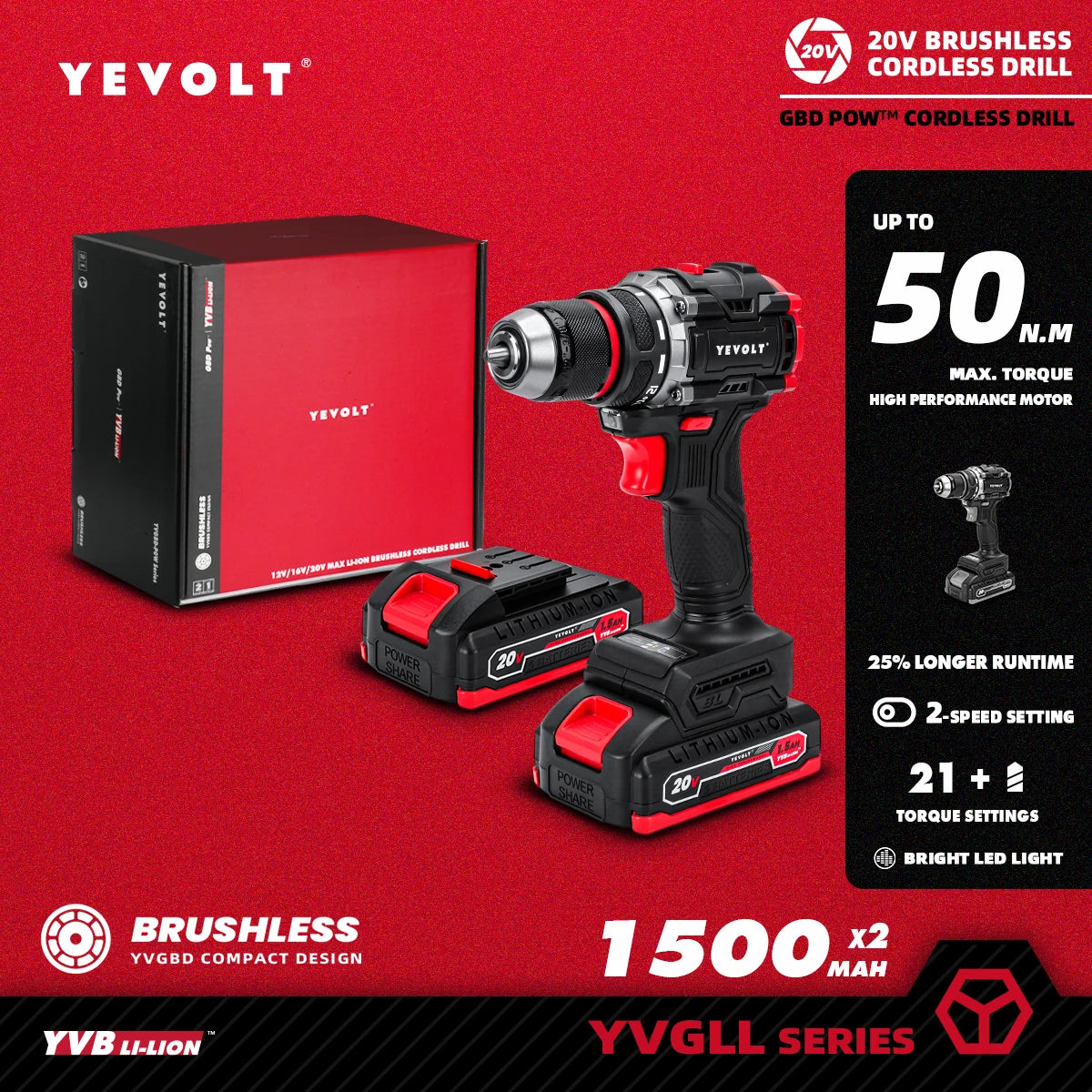 YEVOLT YVGBD20DU2 Series Brushless Cordless Drill Li-ion Compact Electric 20V 21+1 Driver Handheld Screwdriver Power Tools