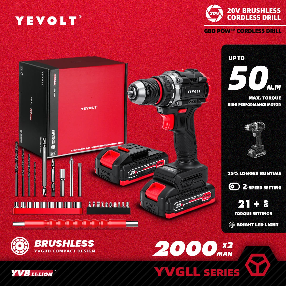 YEVOLT YVGBD20DU2 Series Brushless Cordless Drill Li-ion Compact Electric 20V 21+1 Driver Handheld Screwdriver Power Tools