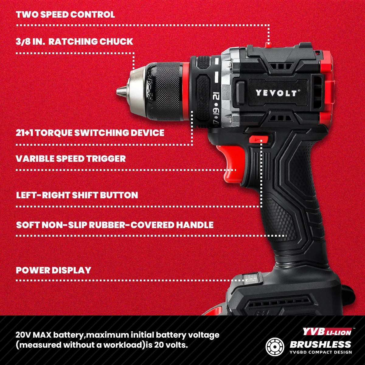 YEVOLT YVGBD20DU2 Series Brushless Cordless Drill Li-ion Compact Electric 20V 21+1 Driver Handheld Screwdriver Power Tools