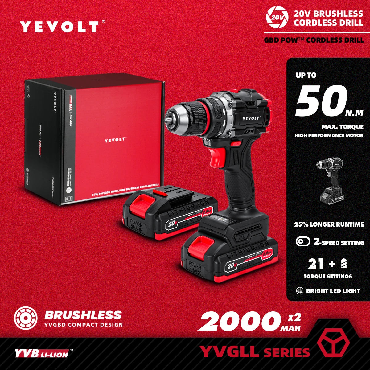 YEVOLT YVGBD20DU2 Series Brushless Cordless Drill Li-ion Compact Electric 20V 21+1 Driver Handheld Screwdriver Power Tools