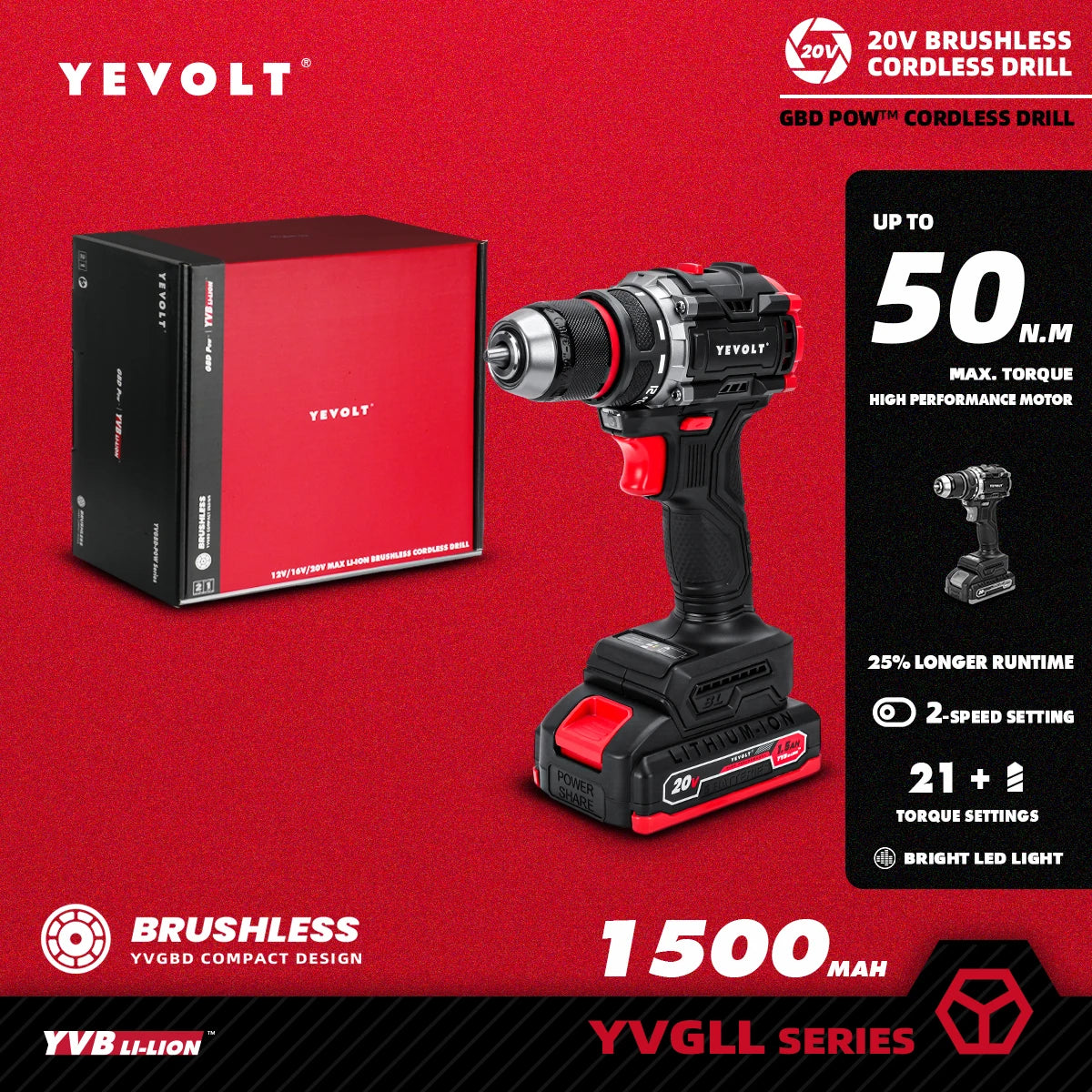YEVOLT YVGBD20DU2 Series Brushless Cordless Drill Li-ion Compact Electric 20V 21+1 Driver Handheld Screwdriver Power Tools