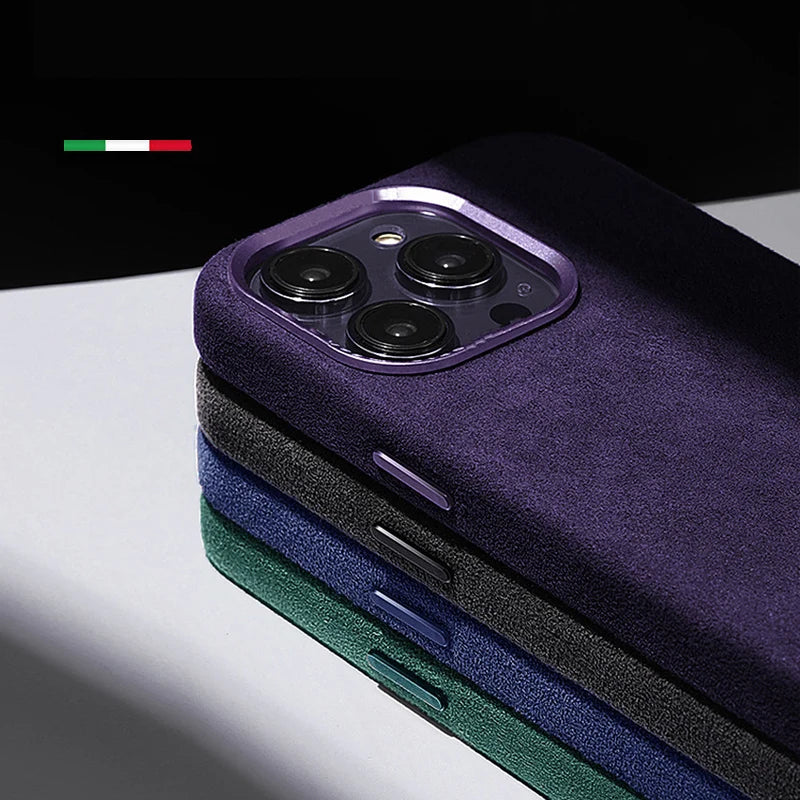 Alcantara Metal Camera Lens Protection Case for iPhone 16 12 13 14 15 Pro Max Premium Imported Suede All Inclusive Back Cover