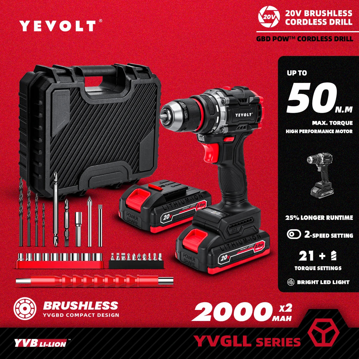 YEVOLT YVGBD20DU2 Series Brushless Cordless Drill Li-ion Compact Electric 20V 21+1 Driver Handheld Screwdriver Power Tools