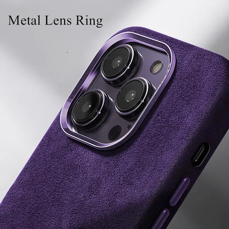 Alcantara Metal Camera Lens Protection Case for iPhone 16 12 13 14 15 Pro Max Premium Imported Suede All Inclusive Back Cover