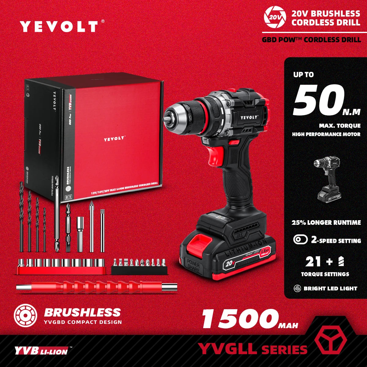 YEVOLT YVGBD20DU2 Series Brushless Cordless Drill Li-ion Compact Electric 20V 21+1 Driver Handheld Screwdriver Power Tools