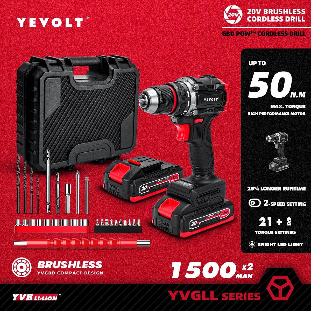 YEVOLT YVGBD20DU2 Series Brushless Cordless Drill Li-ion Compact Electric 20V 21+1 Driver Handheld Screwdriver Power Tools